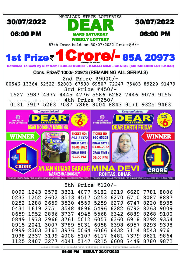 Dear Lottery Sambad Result Today 30.7.2022 1pm 6pm 8pm: ডিয়ার লটারি সংবাদ আজকের রেজাল্ট