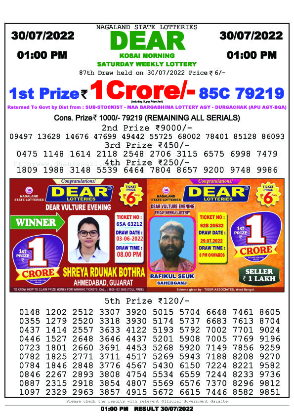 Dear Lottery Sambad Result Today 30.7.2022 1pm 6pm 8pm: ডিয়ার লটারি সংবাদ আজকের রেজাল্ট